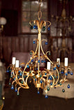 Gilt Metal Chandelier with Blue and Green Crystal Drops