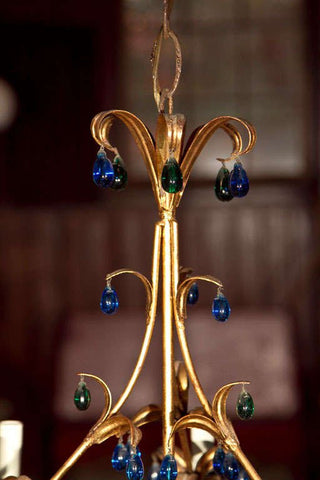 Vintage Italian Style Brass Enameled Chandelier with Crystal Drops